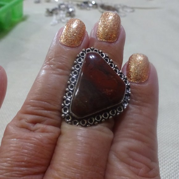 Natural "POPPY JASPER" Handmade Sterling Ring Size 8 #955A - Picture 3 of 3